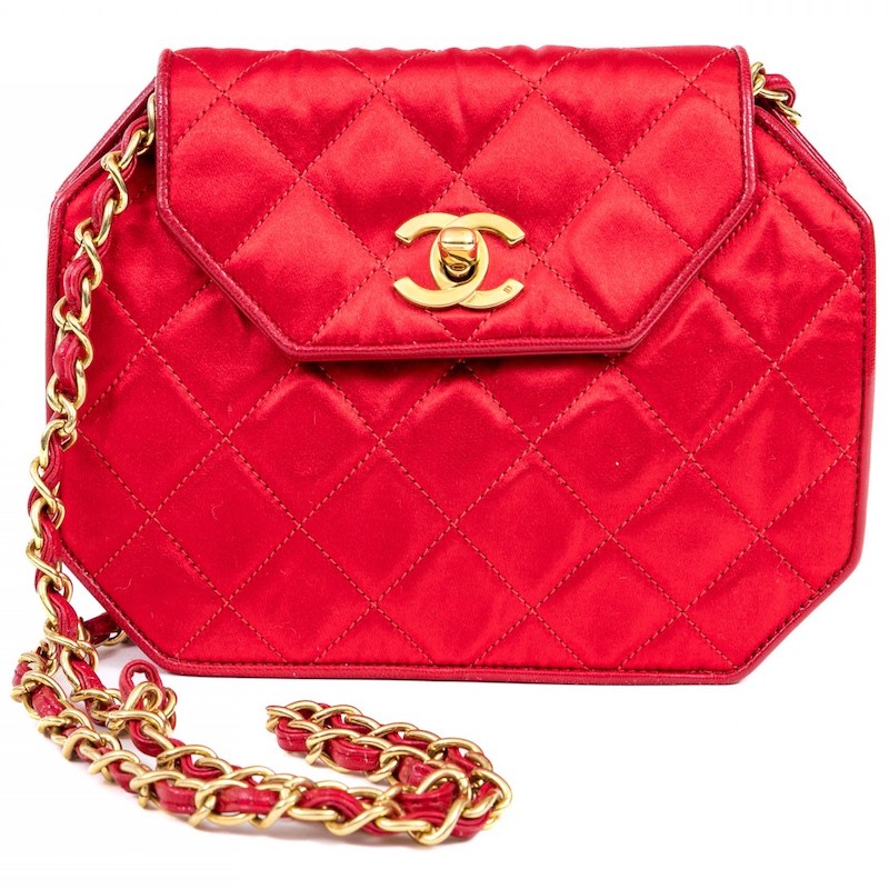 Chanel Striking Vintage Red Satin Quilted Octagon Bag, Chain Strap, Circa 1989